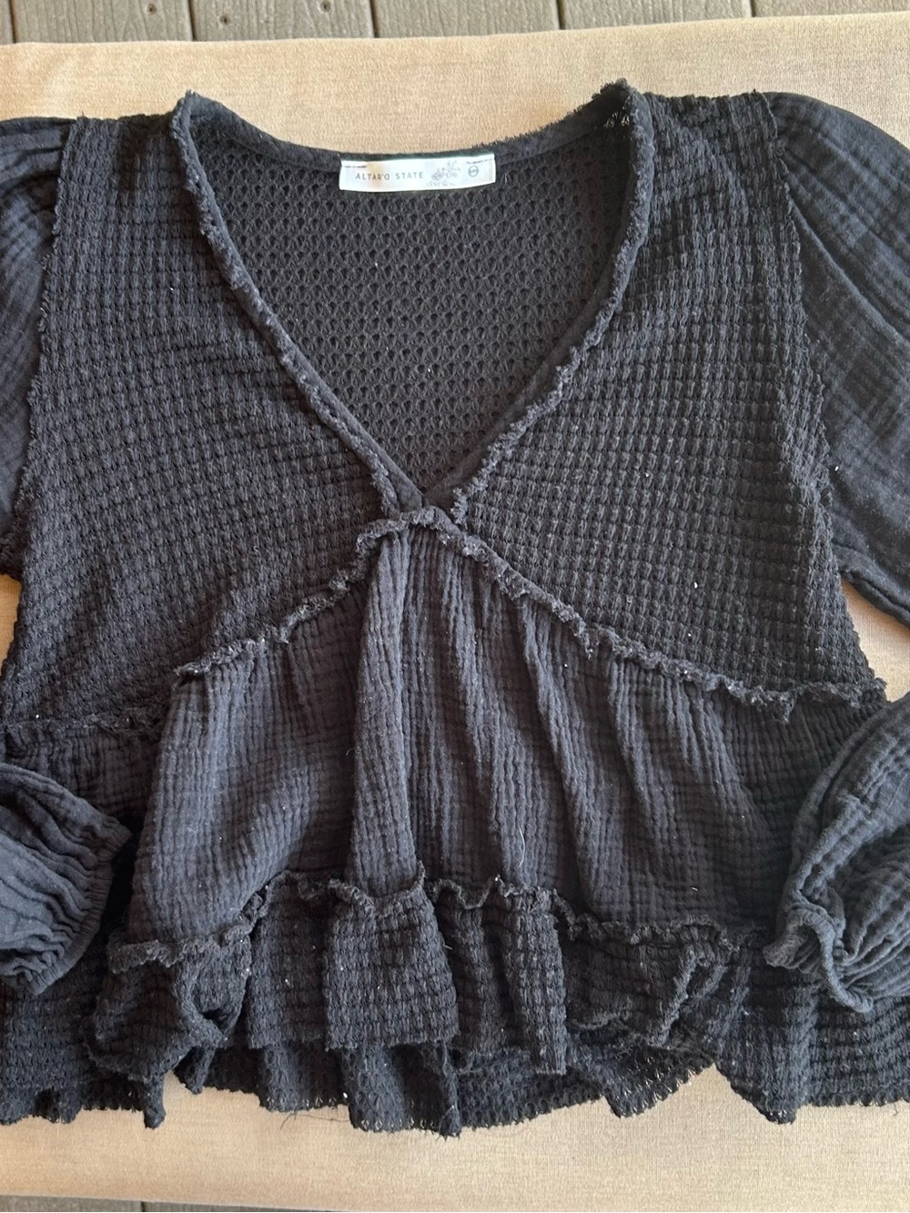 Altar'd State Black Waffle-Knit V-Neck Peplum Blouse